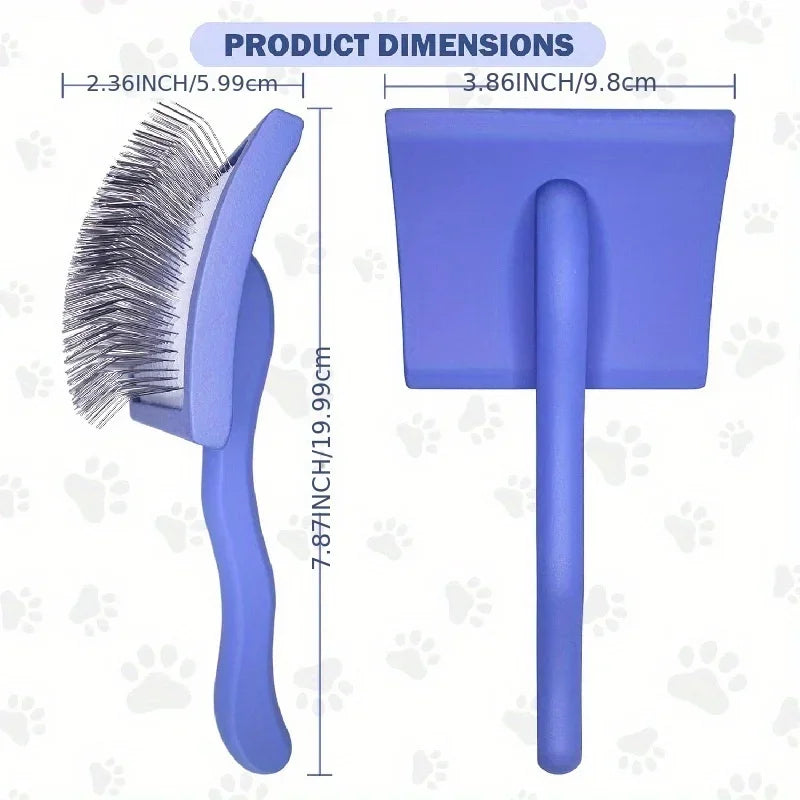 A purple pin dog slicker brush is shown with its dimensions and a separate view of the brush head.