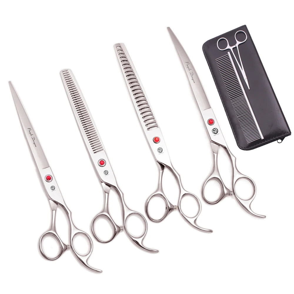 A set of professional stainless steel pet grooming scissors and combs on a black case.