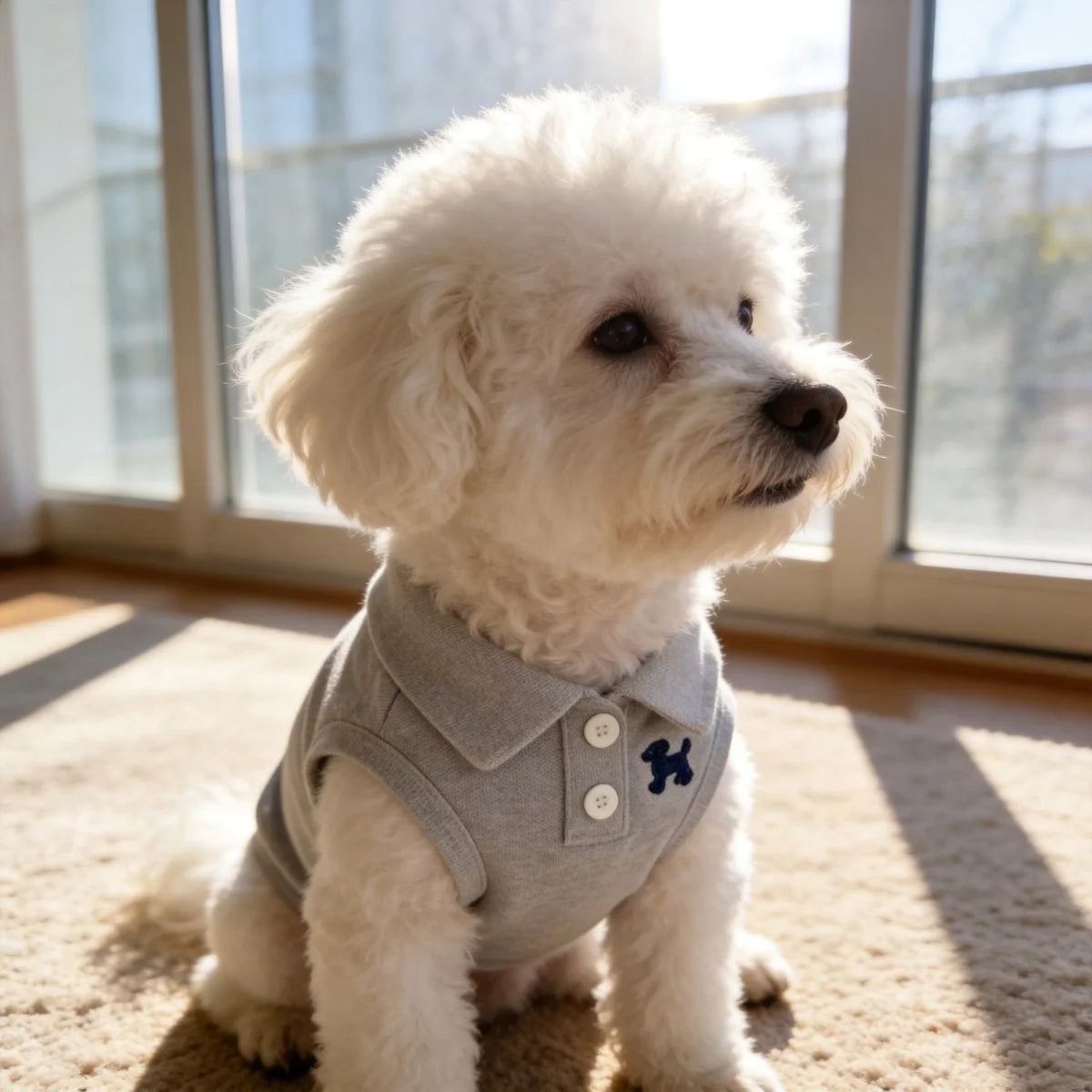 A fluffy white dog wearing a light gray polo shirt sitting indoors near a window.