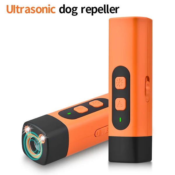 An orange ultrasonic dog repeller device with a black body and controls is shown.