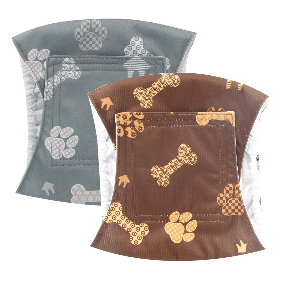 Three reusable adjustable belly bands for male dogs in gray, brown, and white.