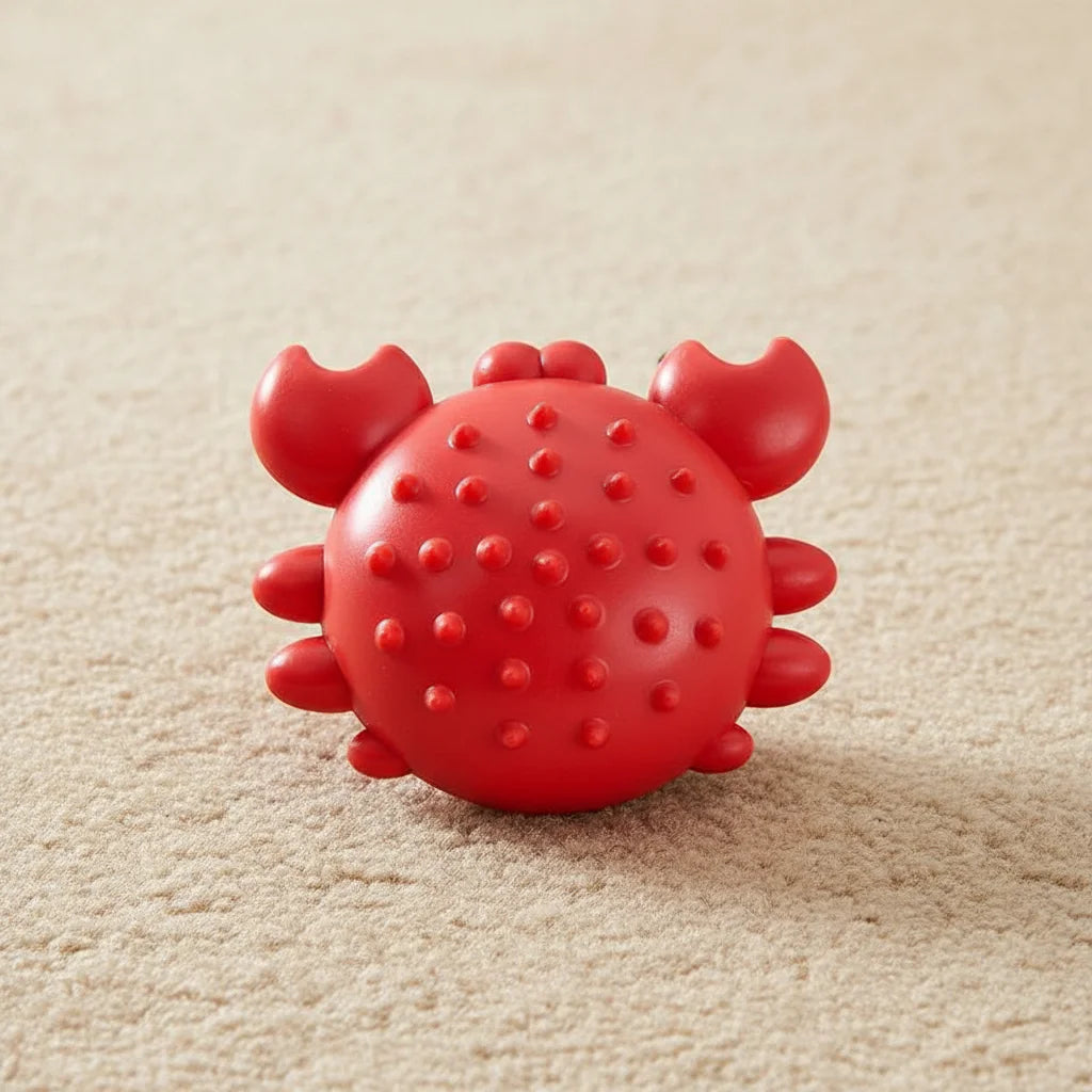 A bright red, durable squeaky chew toy shaped like a dog's molar stick resting on a light beige surface.