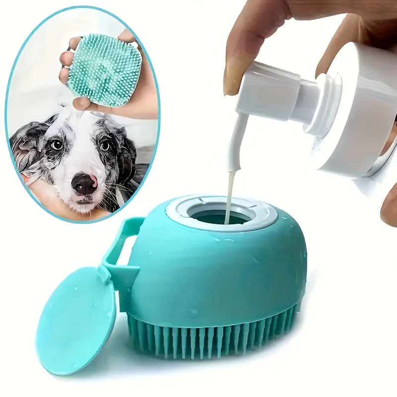 A teal pet bath massage brush with a dispenser is shown next to a hand dispensing liquid onto the bristles.