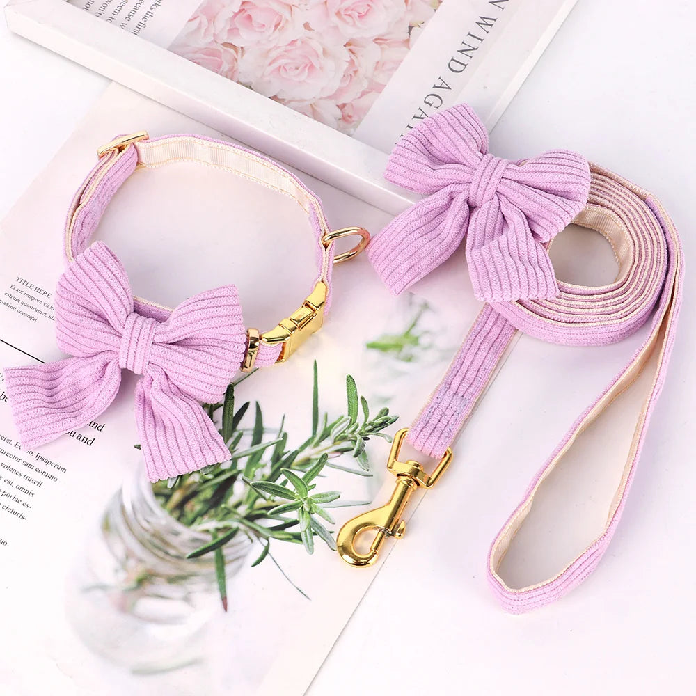 A pink velvet dog collar and leash set featuring a bowknot on the collar.
