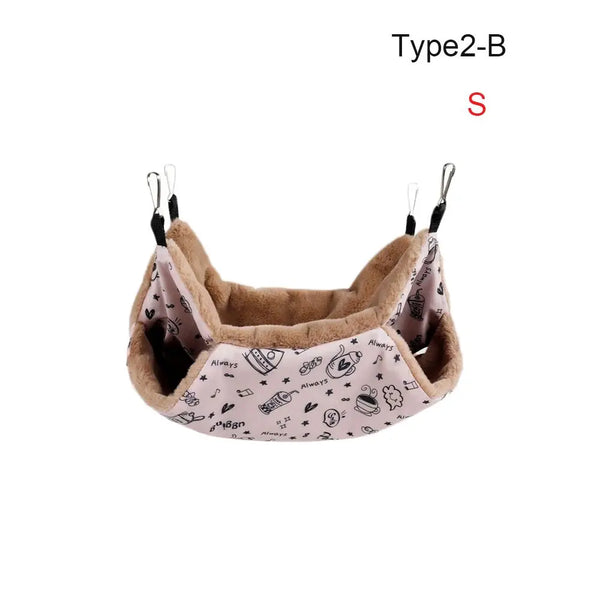 A Type 2-B pet hammock featuring a double-layer plush design in beige and pink with a star pattern.