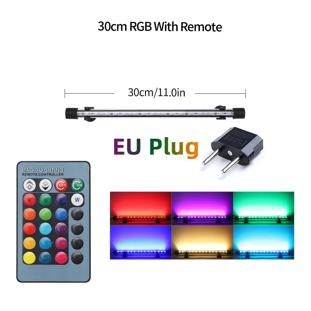 A 30cm RGB LED light bar with an EU plug and remote controller, showing various colored light effects.