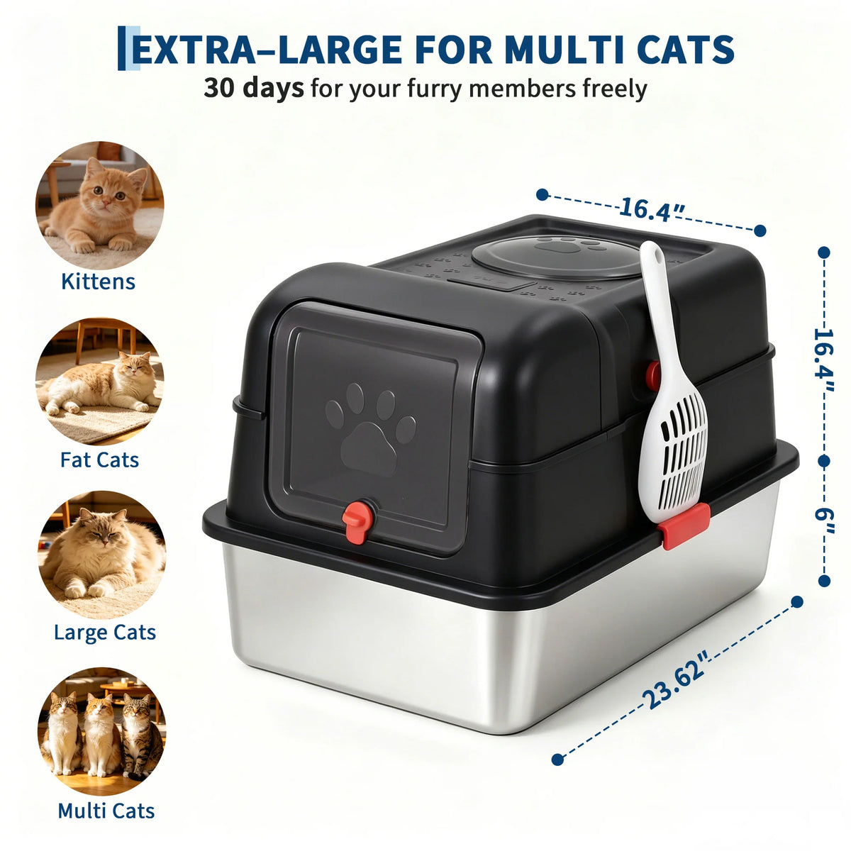 Large Stainless Steel Enclosed Cat Litter Box with Anti-Slip Base