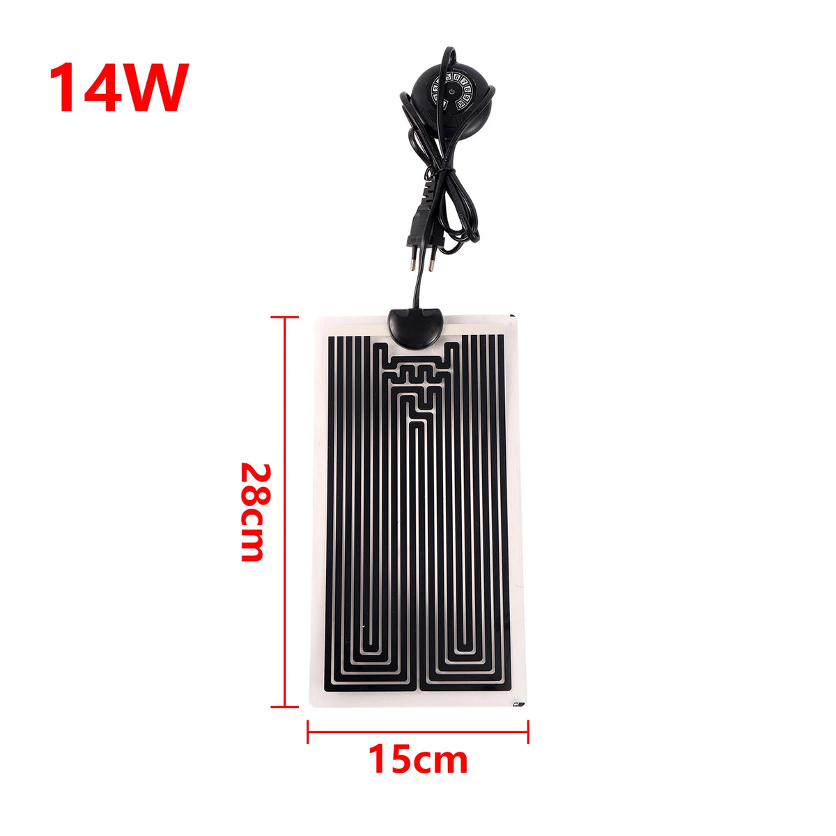 A black reptile heat mat with a thermostat and power cord, featuring a grid pattern on a white base.
