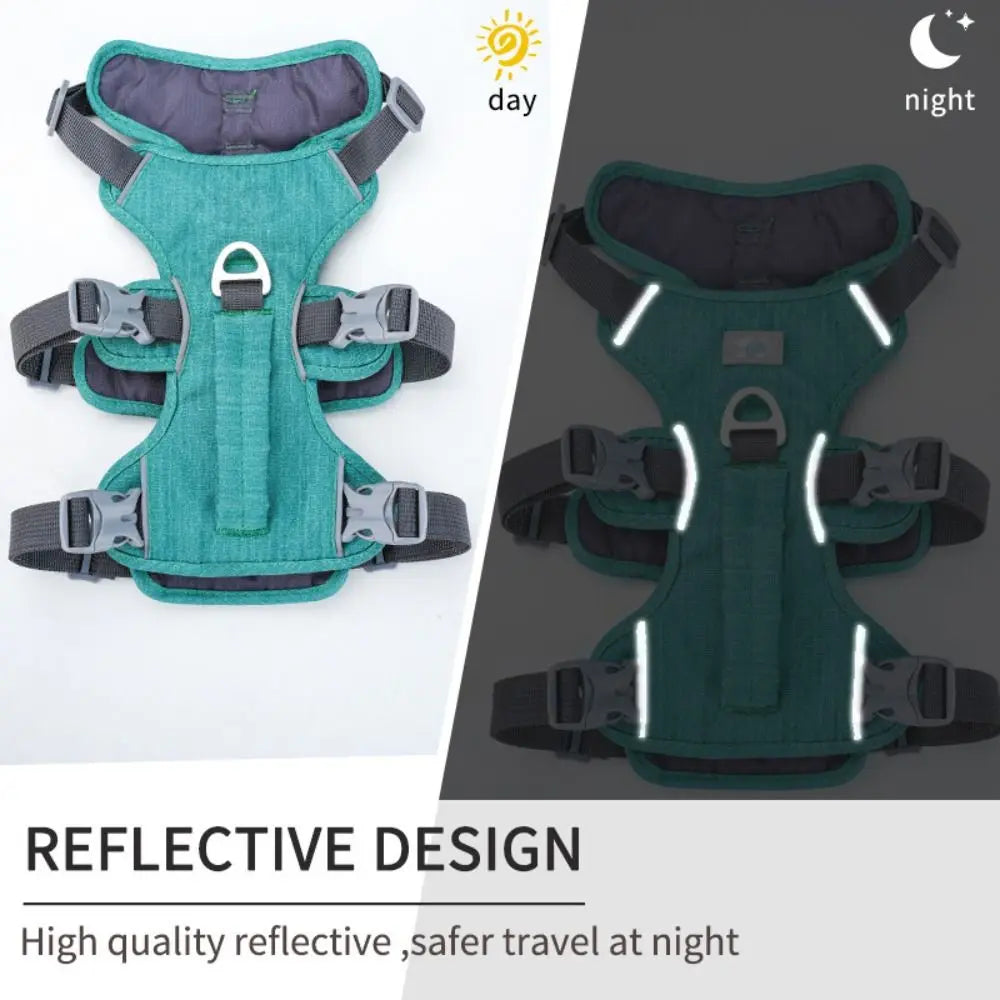 A green padded dog harness shown in day and night modes, highlighting a reflective design for safer travel at night.