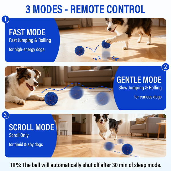 Three modes of remote control for an interactive TPU toy ball for dogs, including fast, gentle, and scroll modes.