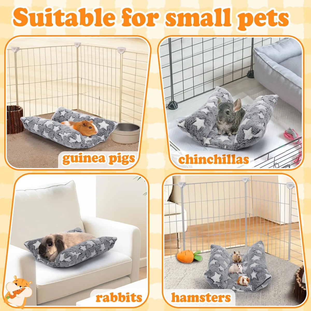 Plush star-pattern pet beds for guinea pigs, chinchillas, rabbits, and hamsters.
