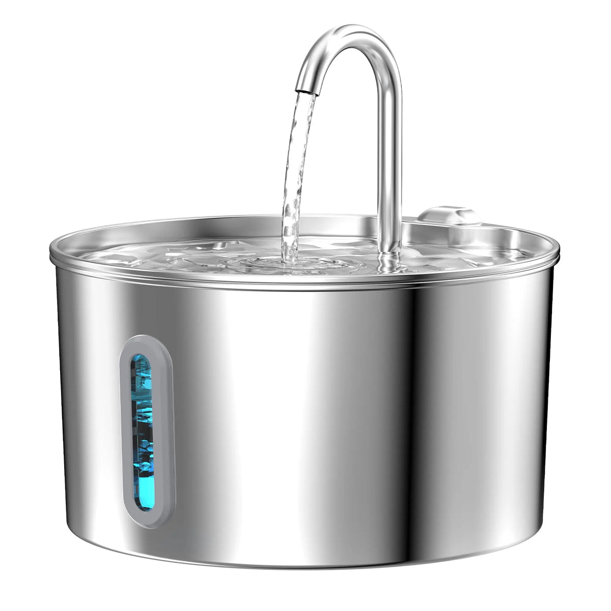 A stainless steel automatic cat water fountain with a visible water stream.