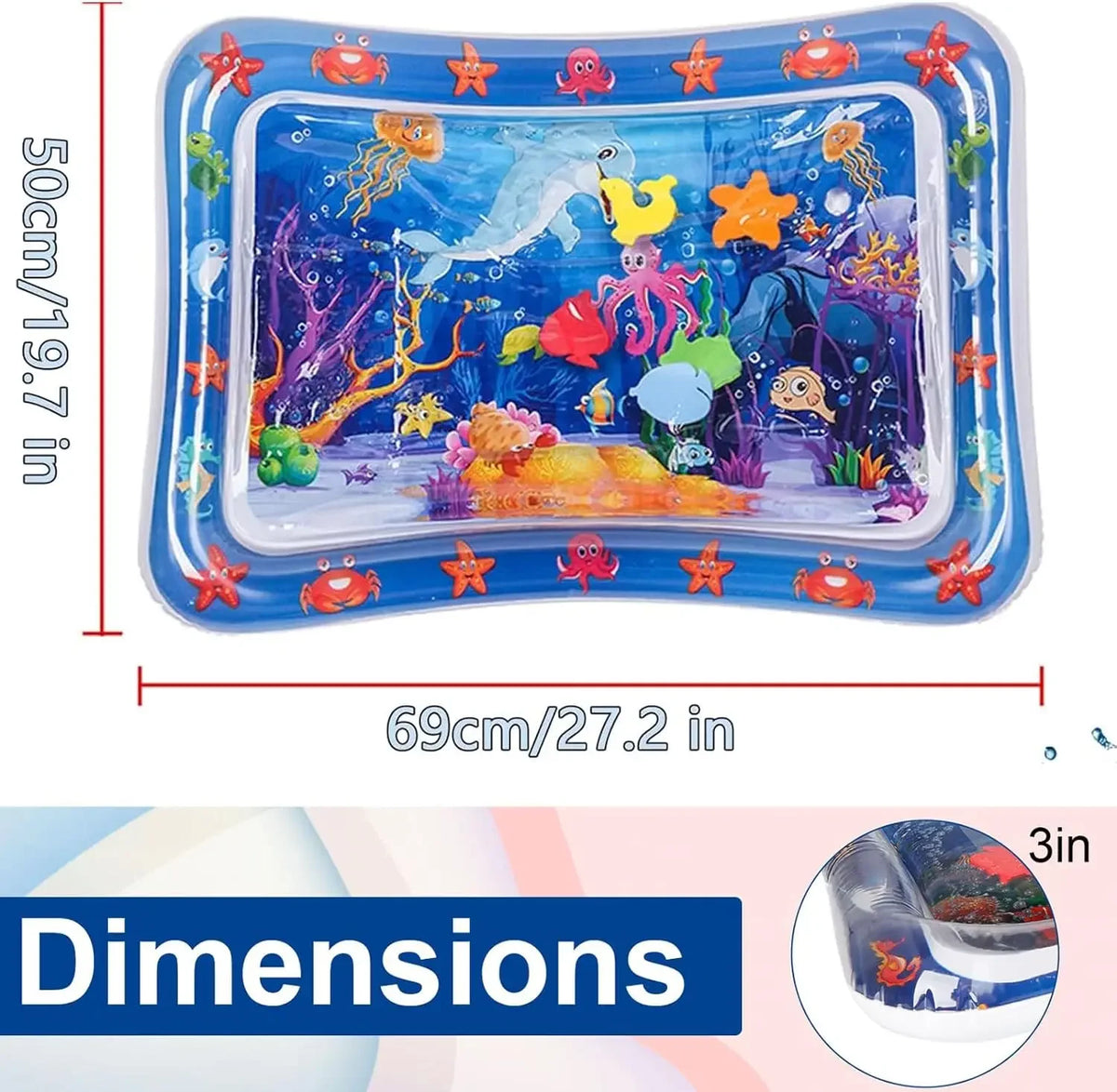Blue inflatable sea animal water play mat for dogs and cats with colorful marine life