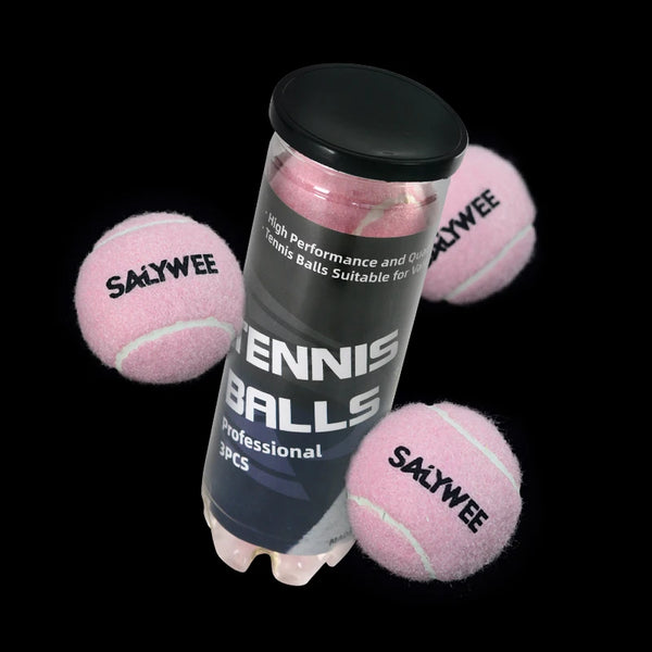 A pack of three pink Salywee tennis balls in a plastic container.