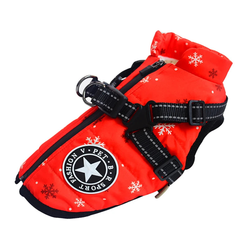 Chaleco/arnés impermeable rojo para perro con correas negras y bordado de copos de nieve blancos