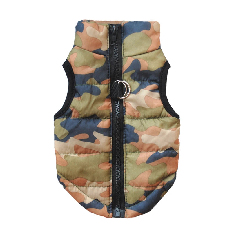 A quilted camouflage dog coat in shades of green, brown, and blue.