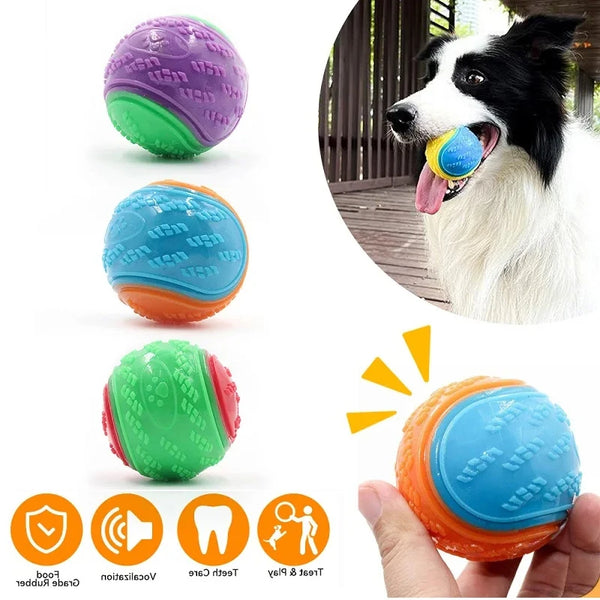 A dog is playing with a colorful durable TPR interactive ball, shown alongside various colored balls.