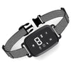 A black remote dog training collar with a mesh strap and a rectangular display showing the number eight.