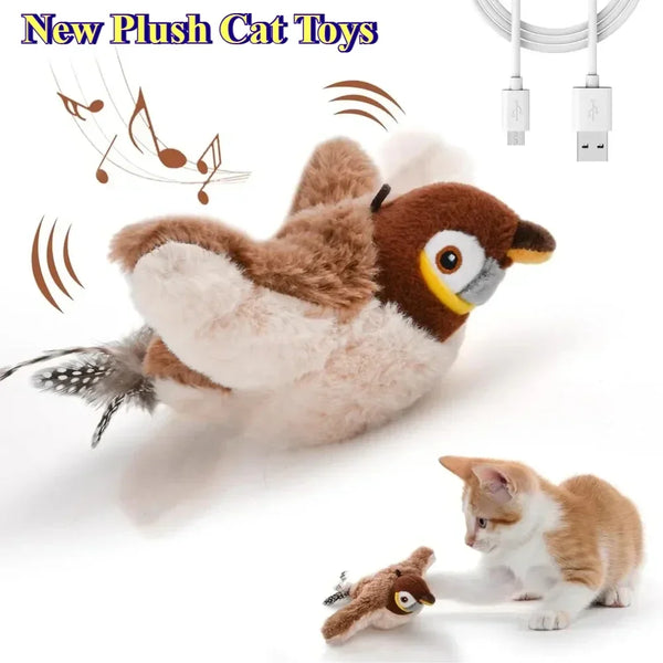 A plush toy resembling a bird is shown next to a kitten, demonstrating an interactive cat toy.