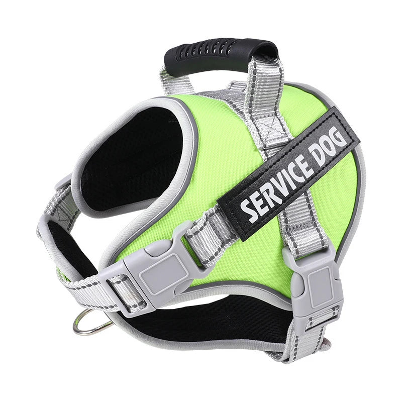 A lime green and black reflective dog harness with a silver buckle and strap.