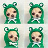 A cute frog-shaped green hoodie with a dog's face design for pets.