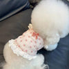 A pink floral print pet vest with white lace trim and a fluffy white pom-pom on a dog or cat.