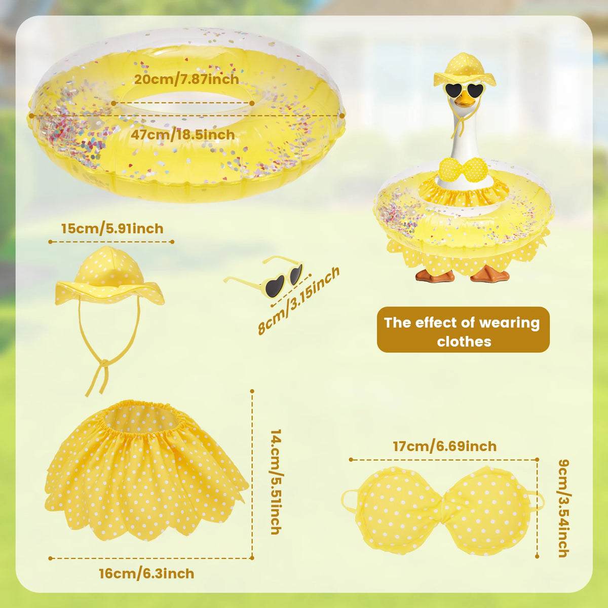 A yellow inflatable goose outfit with a hat and accessories for lawn decor.