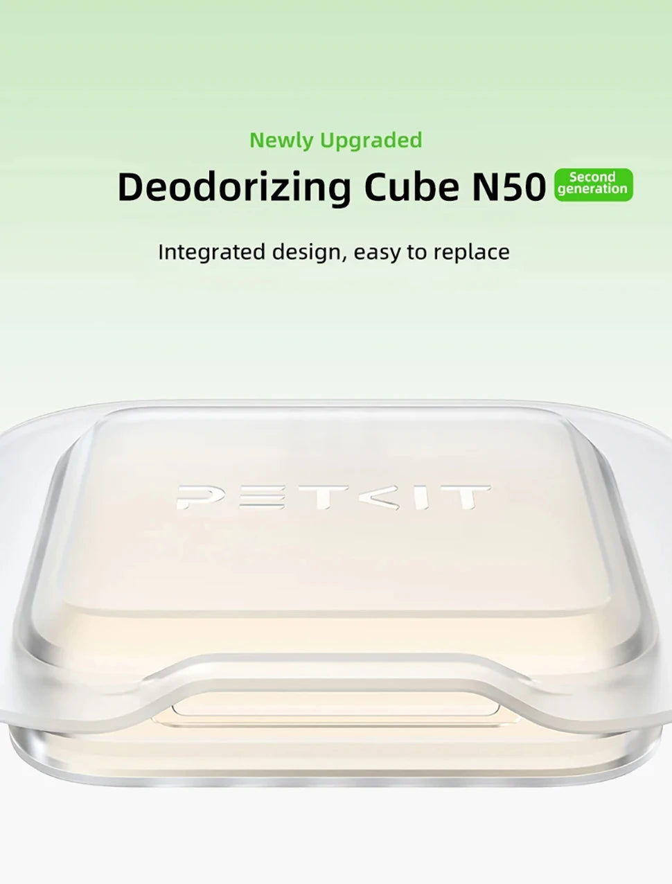 A clear PETKIT deodorizing cube is shown, highlighting its integrated design for easy replacement.