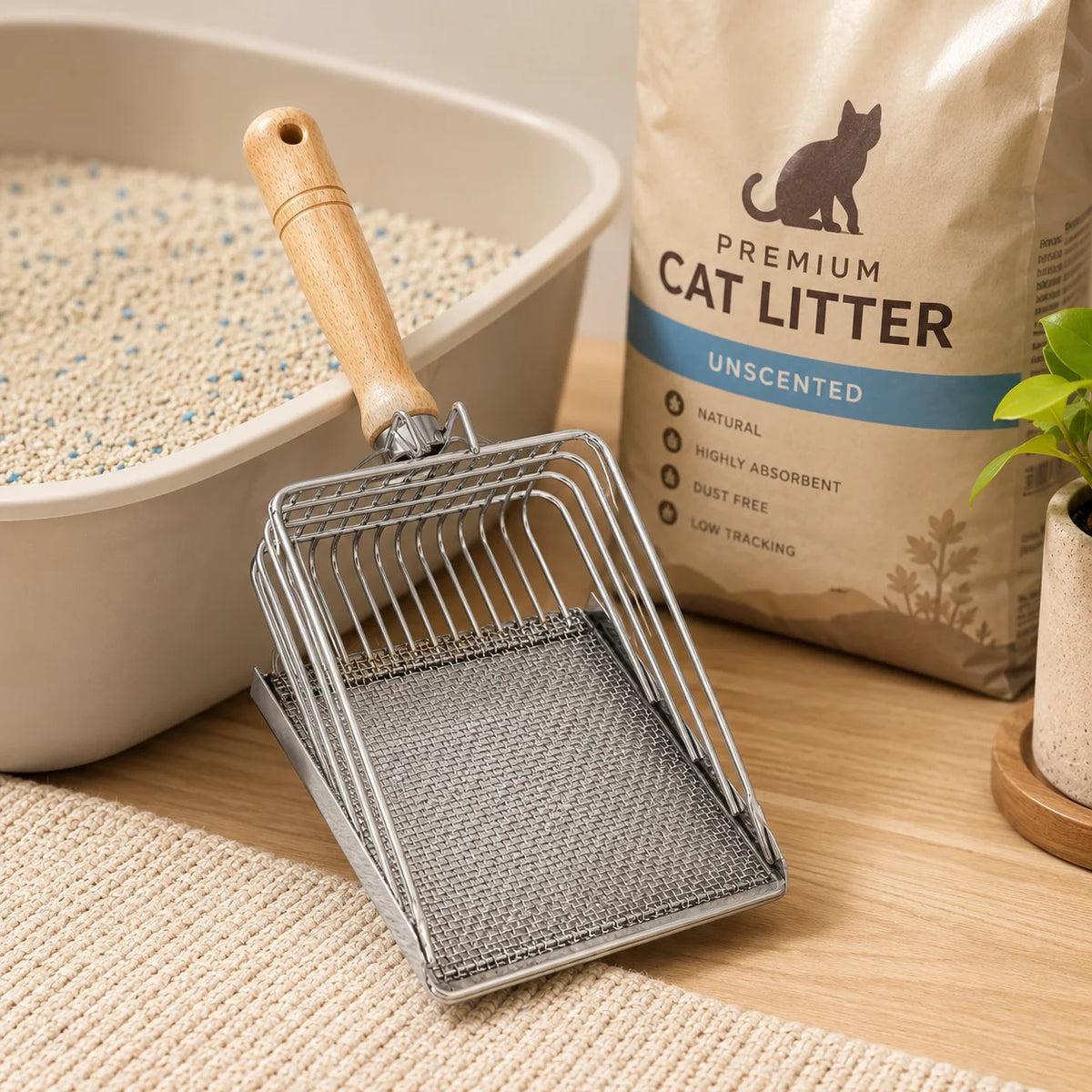 Stainless Steel Cat Litter Scoop with Wooden Handle and Fine Mesh Sifter