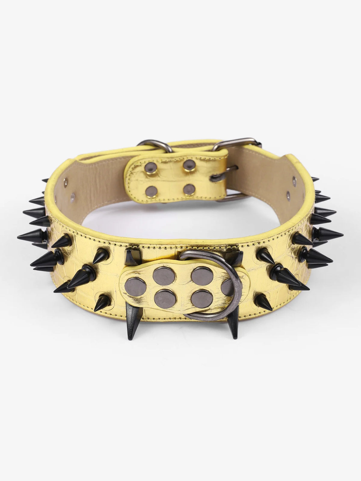 A yellow spiked leather dog collar for large breeds with a buckle.