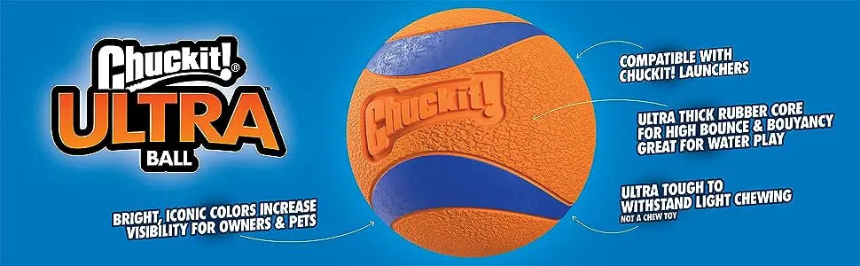 An orange and blue Chuckit Ultra Ball with text indicating compatibility with launchers and features for water play.