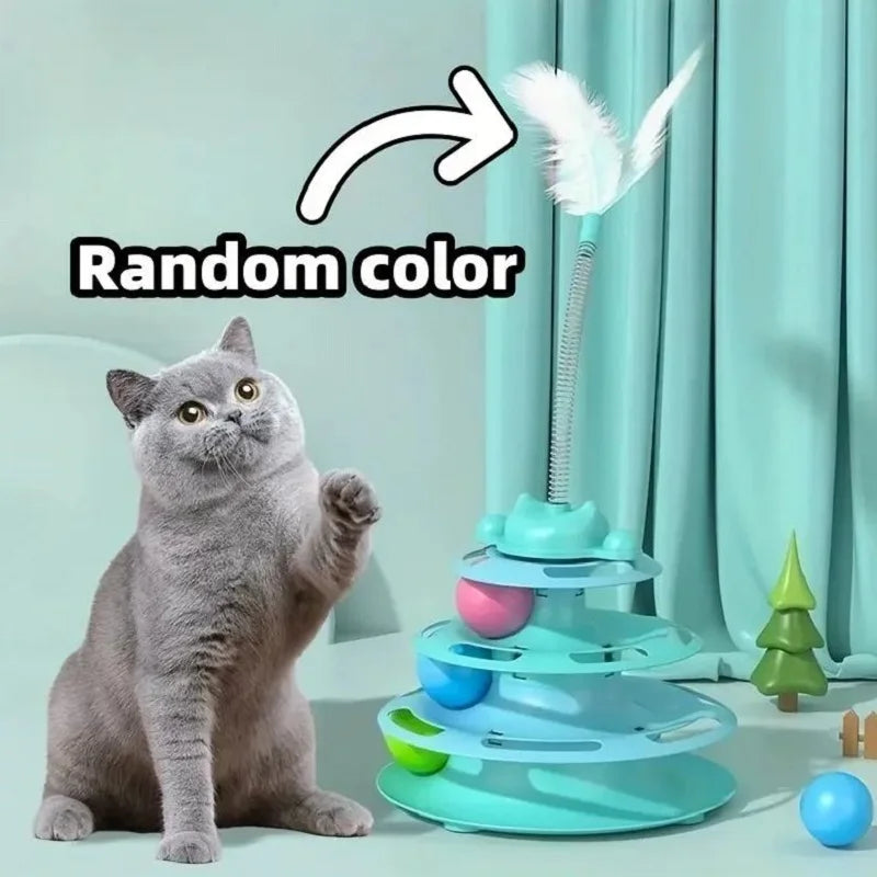 Interactive Cat Toy Tower with Turntable, Track, and Feather Balls