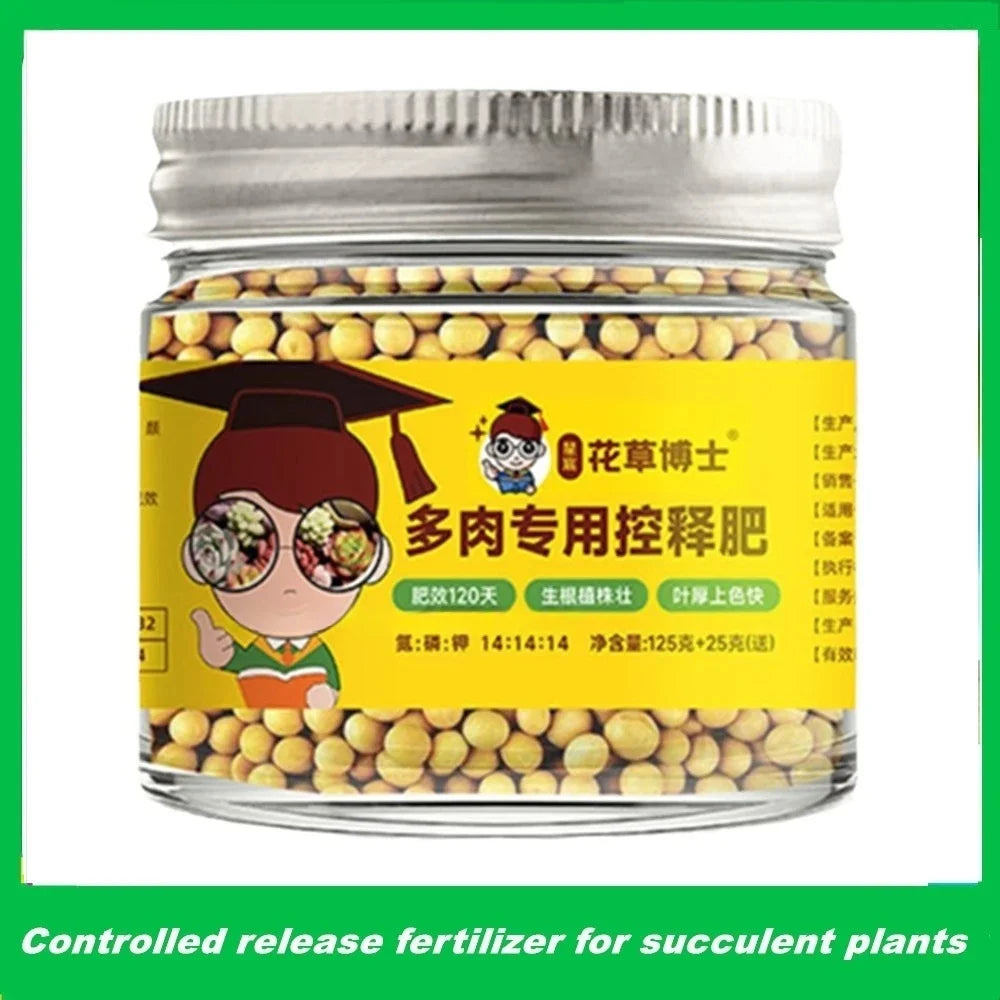 Jar of yellow pellets labeled as controlled release fertilizer for succulent plants