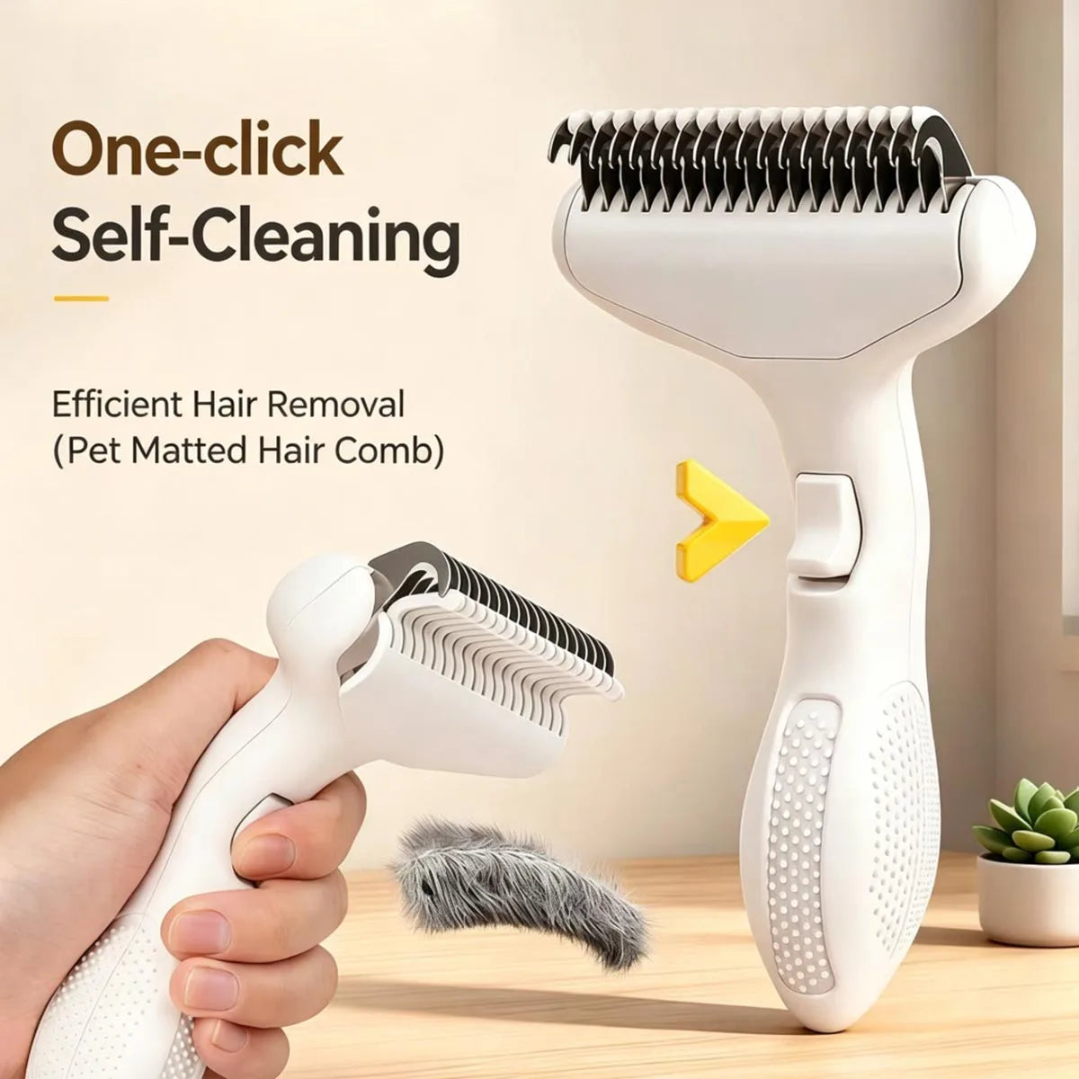 مشط كهربائي أبيض لتصفيف شعر الحيوانات الأليفة، يُستخدم باليد للتنظيف الذاتي.