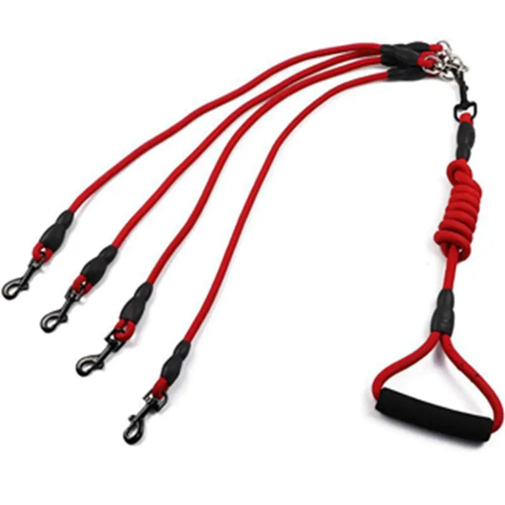 Red 2-way dual dog leash coupler with adjustable handles for walking two dogs