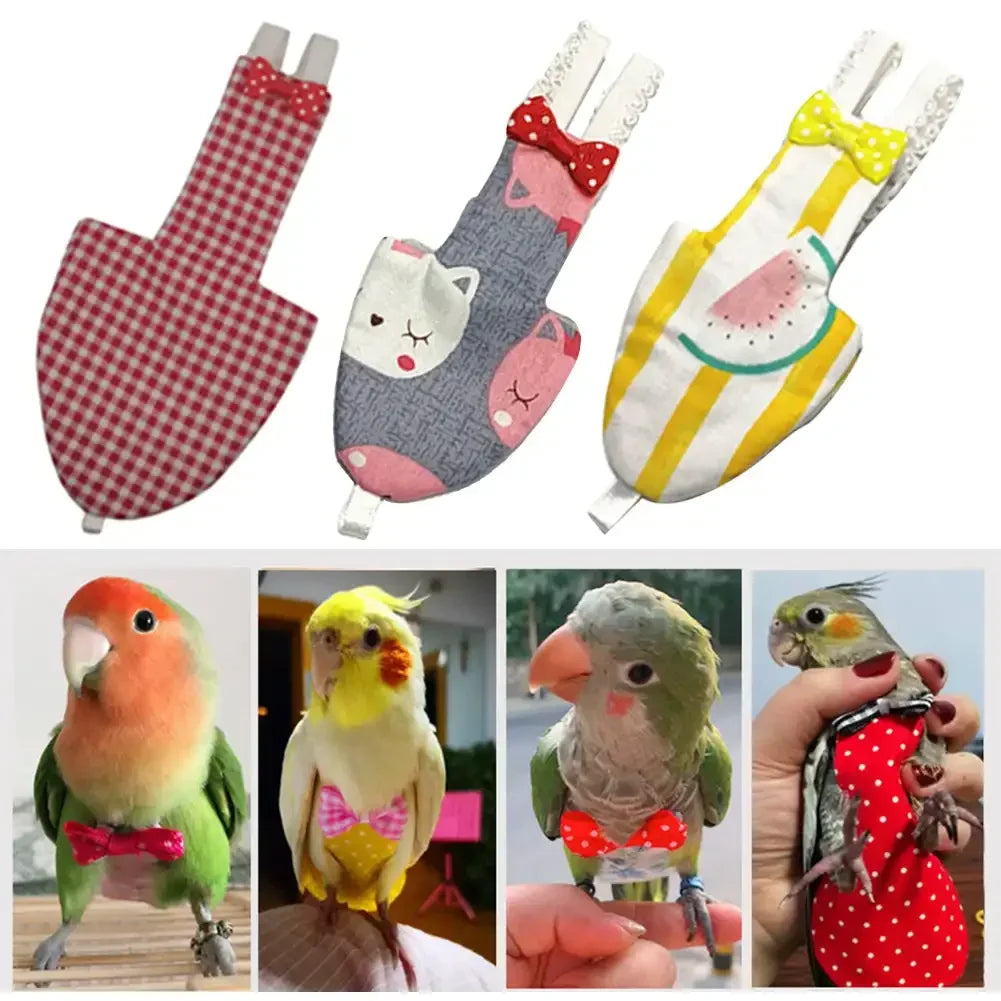 A collection of cotton parrot flight suits in various colors and patterns displayed next to several colorful birds.