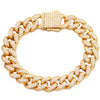 A gold iced out Cuban link bracelet with rhinestone accents shown against a white background.