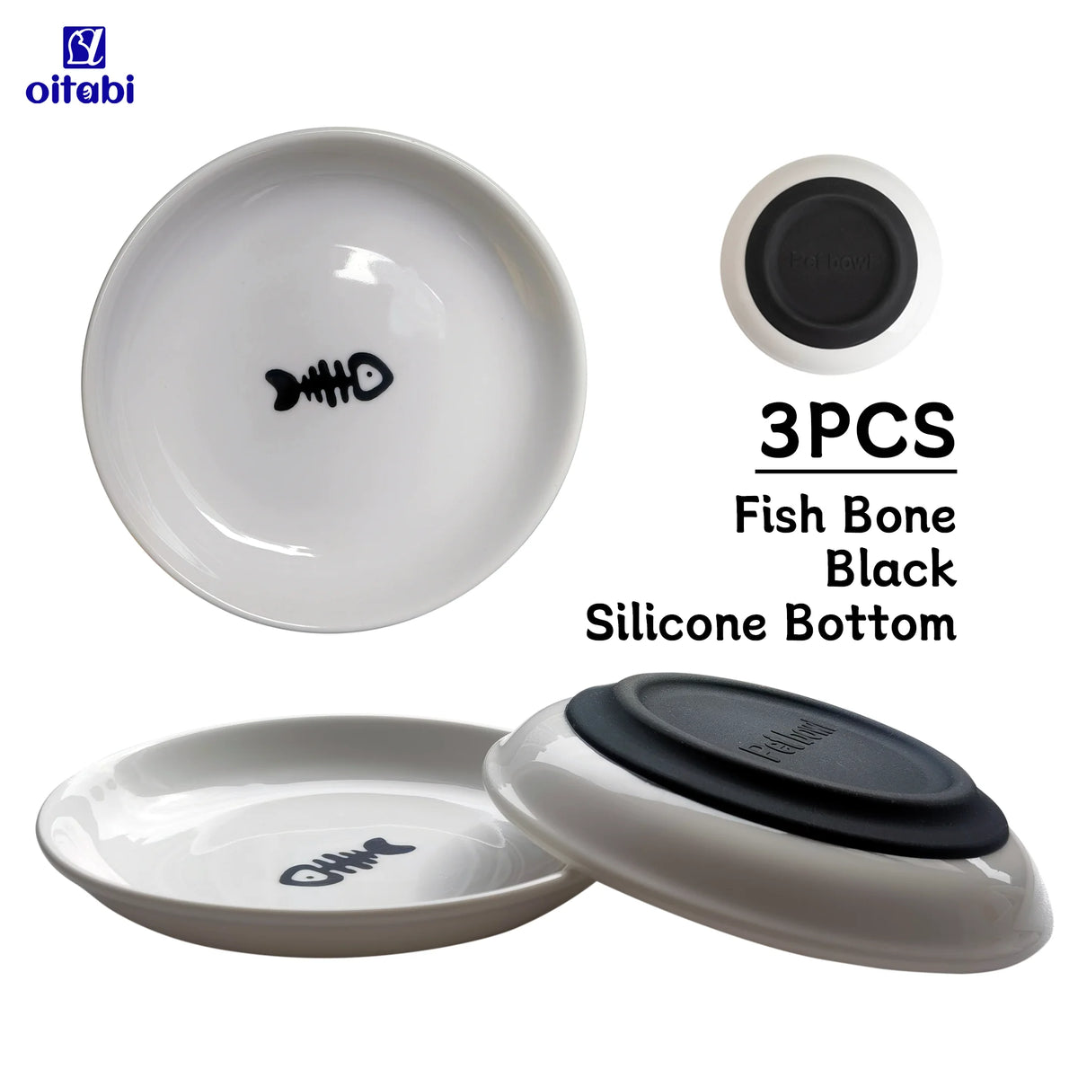 A set of three white ceramic fish bone bowls with black silicone bottoms.