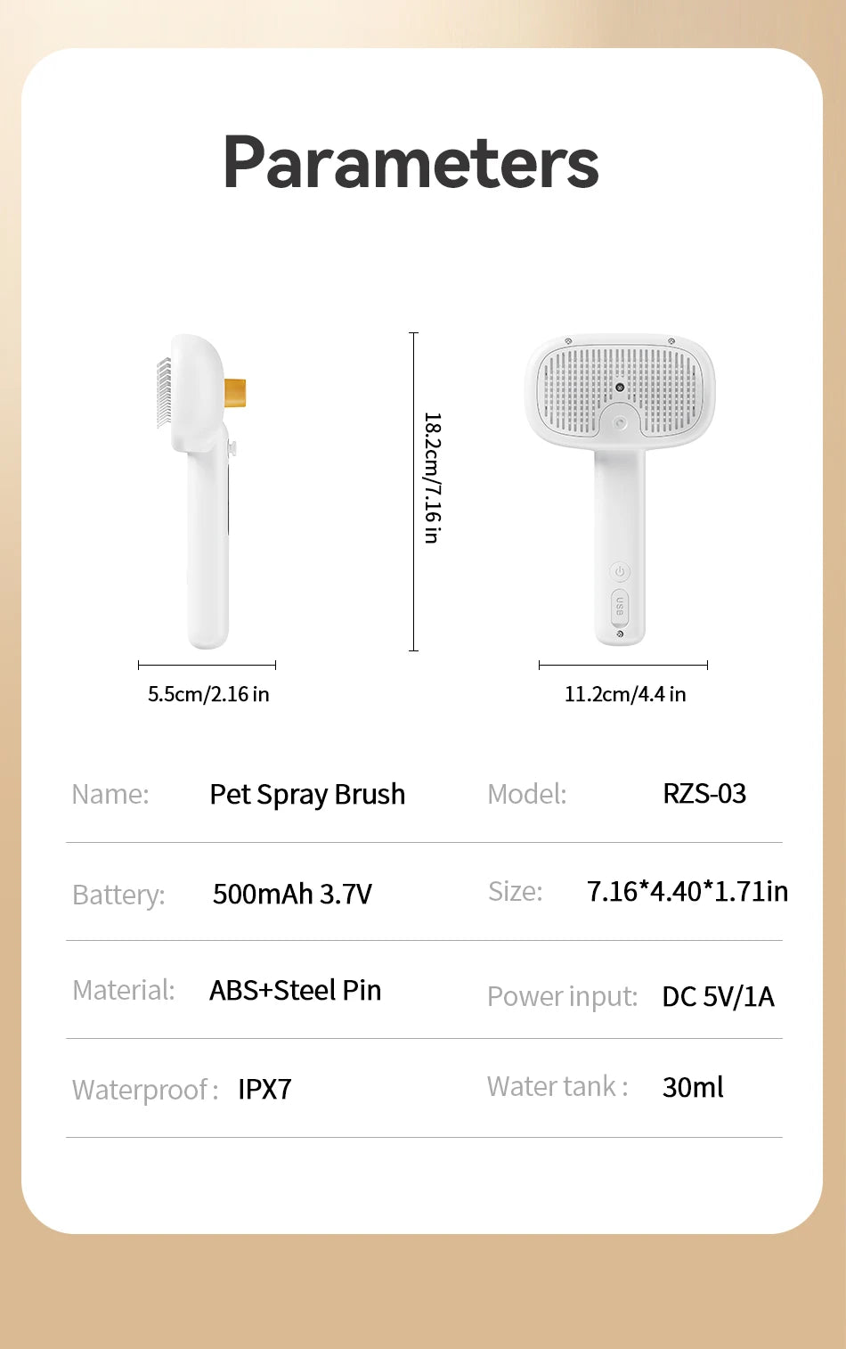 White pet spray brush with a silicone nozzle and battery specifications listed.
