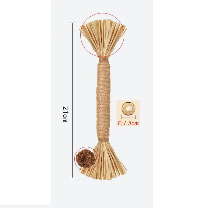 A natural wood cat chew toy with a thick fiber base and a ball of wood for dental health.