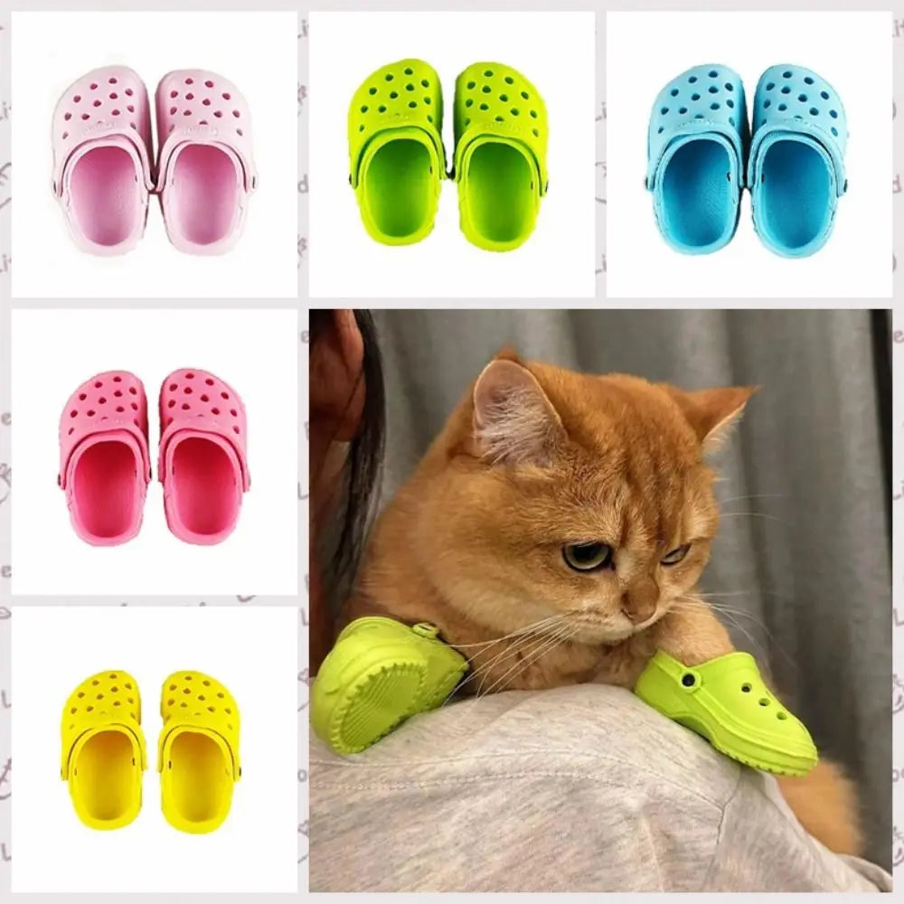 A set of colorful non-slip pet sandals for dogs in pink, lime green, and blue colors.