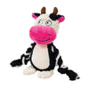 A plush toy of a cow with black and white markings and pink features.