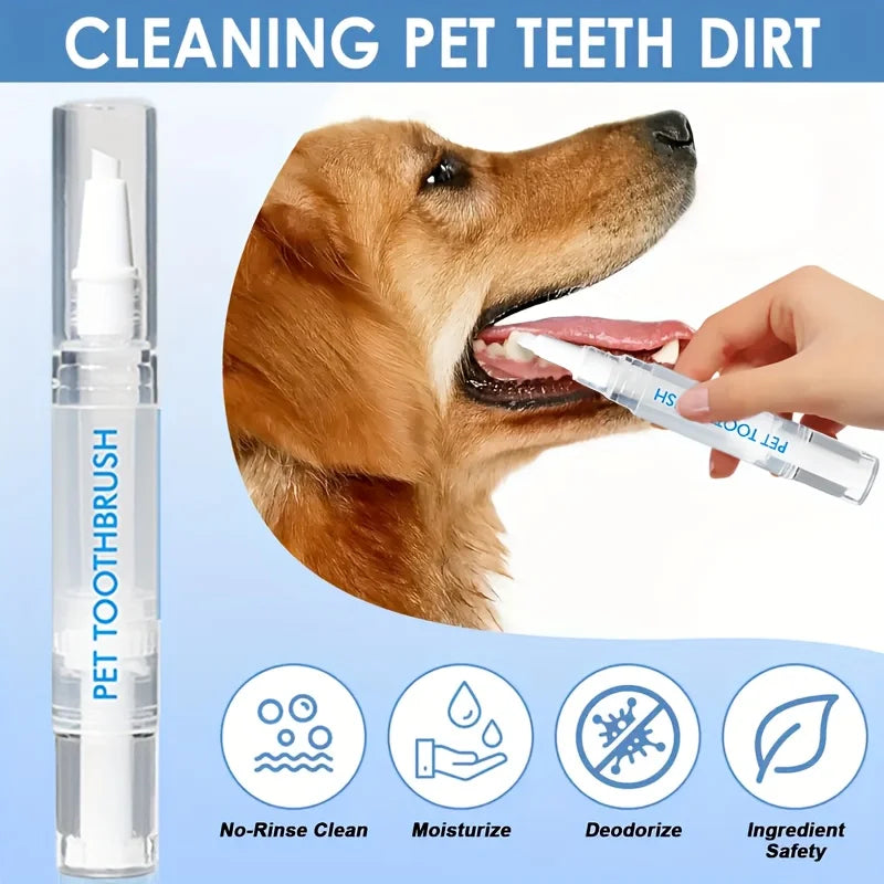 A clear pen-shaped pet toothbrush is shown next to a dog's mouth, demonstrating its use for cleaning pet teeth dirt.