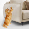 Un chat tigré orange étire sa patte hors d'un canapé beige rembourré.