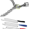 A heavy-duty anti-chew metal dog leash with a soft handle for training, shown in silver and red colors.