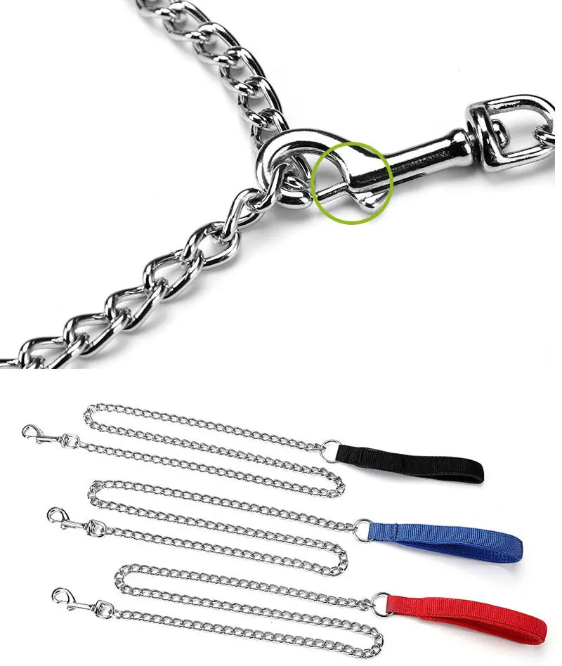A heavy-duty anti-chew metal dog leash with a soft handle for training, shown in silver and red colors.
