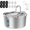 Stainless steel pet water fountain with a visible water level window and a sensor