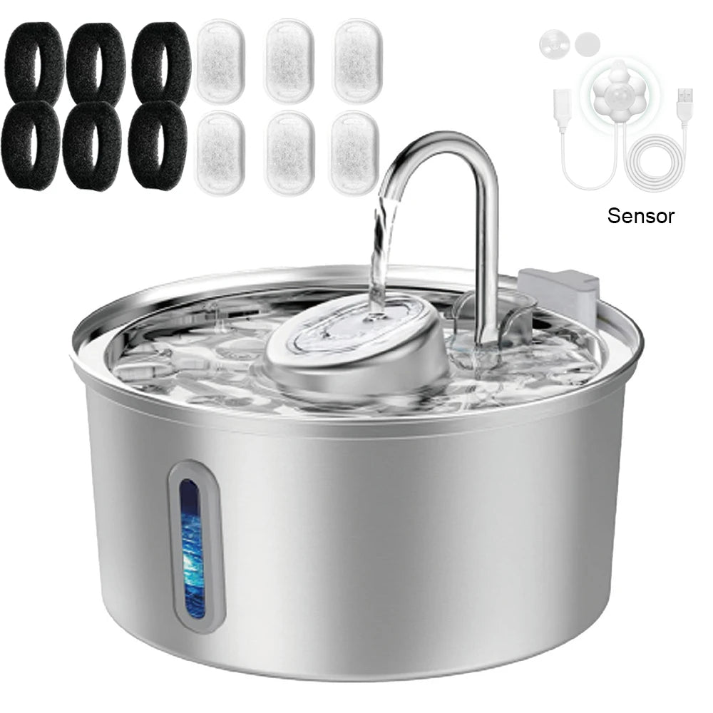Stainless steel pet water fountain with a visible water level window and a sensor
