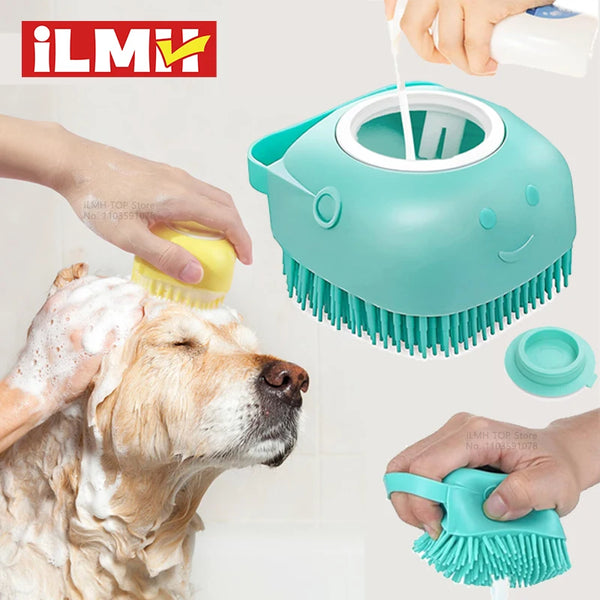 A hand is using a silicone pet bathing and massage brush on a dog's fur.
