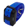 A blue and black electronic dog training collar with a flexible strap and metal components.